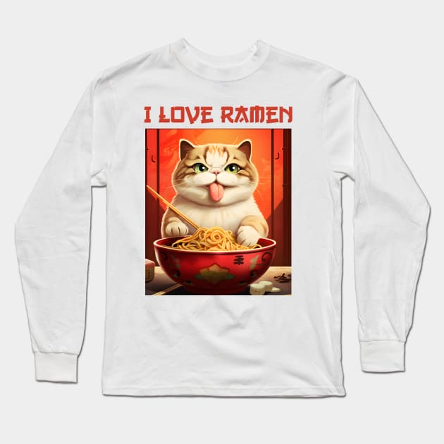 Quirky Kitty Cat Eating Ramen - I Love Ramen Long Sleeve T-Shirt by KittyStampedeCo